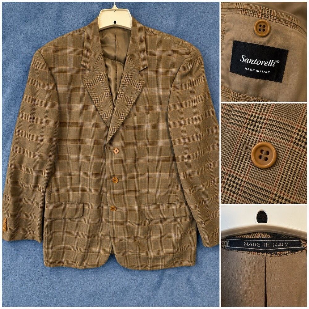 Vintage Santorelli Giorgio3 Mens 40R Wool Blazer Glen Plaid Made Italy 3 Button
